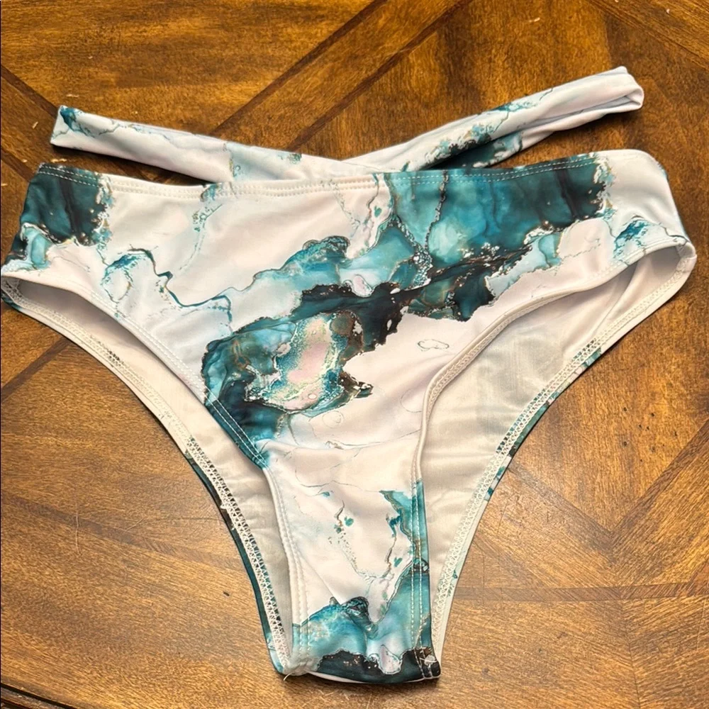 Marble Print Push Up Halter Ruched Wrap Front High Waist bikini M - Picture 4 of 9